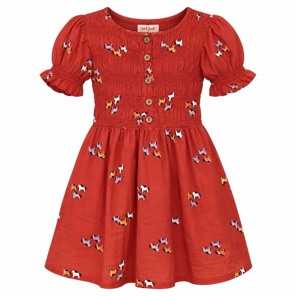 Cat & Jack Girls XS (4/5) Red Horse Print Smocked Short Sleeve Cotton Dress
